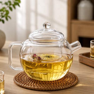 May include: A clear glass teapot with a glass infuser, filled with yellow tea and flowers. The teapot sits on a round, woven coaster. The teapot has a handle and a spout. The lid has a small, round knob.