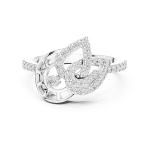 Può includere: Un anello d'argento dal design unico. L'anello presenta un gruppo centrale di piccole pietre trasparenti a forma di goccia, con pietre aggiuntive lungo la fascia e un elemento decorativo sul lato. L'anello è su sfondo bianco.