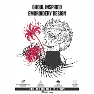 Pode incluir: Um design de bordado digital com uma ilustração em preto e branco de uma pessoa com cabelo espetado e gola escura, acentuado por duas flores de lírio-aranha vermelhas. O texto diz GHOUL INSPIRED EMBROIDERY DESIGN e DIGITAL EMBROIDERY DESIGN.