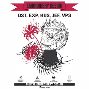 May include: An embroidery design featuring a black and white line art illustration of a person with spiky hair, accompanied by two vibrant red spider lily flowers and a centipede-like creature. Text includes EMBROIDERY DESIGN, DST, EXP, HUS, JEF, VP3.