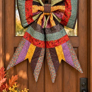 May include: A large, quilted fabric bow featuring a patchwork design of various autumn-toned patterns. The bow is constructed from strips of fabric in shades of red, orange, yellow, purple, brown, and teal, with floral and geometric prints.