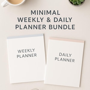 May include: A minimalist weekly and daily planner bundle with the text "MINIMAL WEEKLY & DAILY PLANNER BUNDLE". The image includes a cup of coffee, a succulent, glasses, and a pen.