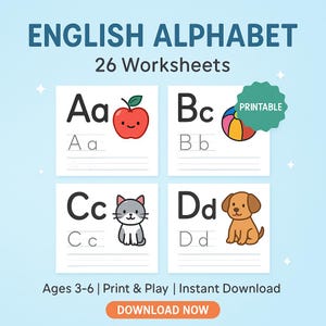 Può includere: Sfondo blu con il testo "ENGLISH ALPHABET" e "26 Worksheets". Vengono mostrati quattro fogli di lavoro dell'alfabeto con illustrazioni di una mela, una palla, un gatto e un cane. È incluso anche il testo "Ages 3-6 | Print & Play | Instant Download".