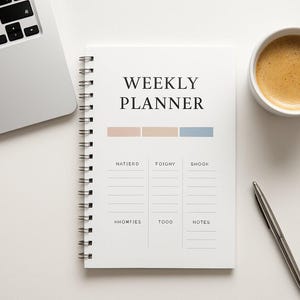 Può includere: Un'agenda settimanale a spirale bianca con le parole "WEEKLY PLANNER" stampate sulla copertina. L'agenda ha una sezione per le note e una sezione per ogni giorno della settimana. Una tazza di caffè e una penna sono accanto all'agenda.