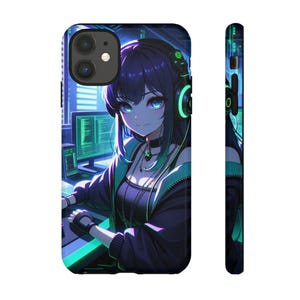 May include: A phone case featuring an anime-style illustration of a person with blue hair and headphones. The character is depicted in a tech-themed environment with computer screens and a keyboard. The case has a black and teal color scheme.
