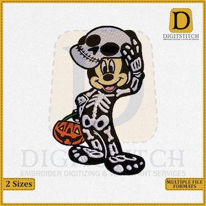 May include: Embroidered patch featuring a cartoon character in a skeleton costume holding a jack-o'-lantern. The character is wearing a skull mask. The patch has the text "DIGITSTITCH" and "2 Sizes" and "MULTIPLE FILE FORMATS".