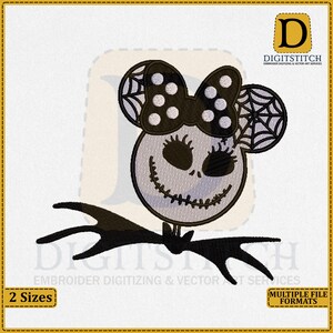 May include: An embroidered design featuring a stylized character with a Jack Skellington-inspired face, a polka-dot bow, and spiderweb ears. The design is in black and white, with the text "DIGITSTITCH" and "2 Sizes" visible.