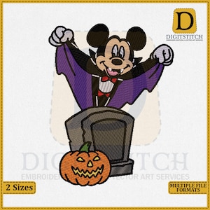 May include: An embroidered design featuring a cartoon mouse dressed as a vampire, with a purple cape, standing behind a tombstone. A carved orange pumpkin sits in front of the tombstone. The design includes the text "DIGITSTITCH" and "MULTIPLE FILE FORMATS".