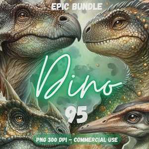 May include: Digital illustration of various dinosaurs in green, brown, and grey tones. The word "Dino" is written in a stylized font, with the number "95" below it. The image is labelled "Epic Bundle" and "PNG 300 DPI - COMMERCIAL USE".