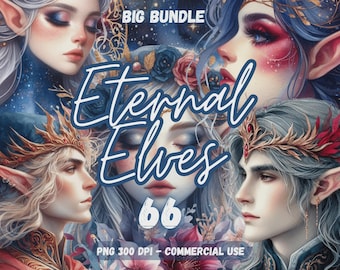 Eternal Elves Magical PNG Fantasy Digital Clipart Big Bundle Watercolor Fantasy Art Print Junk Journal Fantasy Scrapbook Diary Gift Card SVG