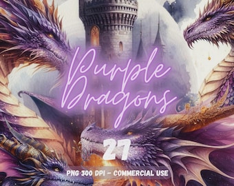 Purple Dragon Clipart Bundle: Fantasy Watercolor Art, Commercial Use PNG Digital Download