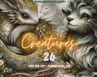Woodland Fantasy Creatures Watercolor PNG Digital Clipart Bundle Image Wonders Cute Creatures Nature Animal Cartoon Gift Card Junk Journal