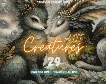 Woodland Fantasy Creatures vol. 3 PNG Digital Clipart Bundle Enchanted Forest art Creatures Nature Animal Gift Card Junk Journal Scrapbook