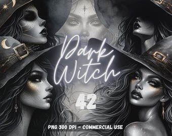 Dark Witch Magical PNG Gothic Digital Clipart Big Bundle Watercolor Fantasy Art Print Junk Journal Scrapbook Witchy Diary Gift Card