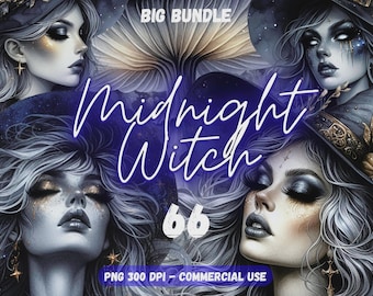 Midnight Witch Magical PNG Gothic Digital Clipart Big Bundle Watercolor Fantasy Art Print Junk Journal Scrapbook Witchy Diary Gift Card SVG