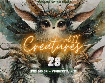 Woodland Fantasy Creatures vol. 2 Watercolor PNG Digital Clipart Bundle Image Wonders Cute Creatures Nature Animal Gift Card Junk Journal
