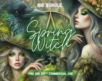 Spring Witch Magical PNG Digital Gothic Witch Clipart Magic Witch SVG Watercolor Fantasy Art Print Witch PNG Designs Bundle Magic png Design