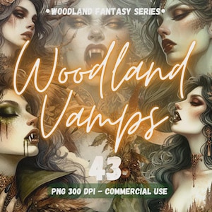 Könnte beinhalten: Digitaler Kunstdruck mit mehreren Porträts von Fantasy-Vampirinnen mit langen dunklen Haaren, spitzen Ohren und Fangzähnen. Das Kunstwerk trägt den Titel "Woodland Vamps" mit der Nummer "43" und dem Text "PNG 300 DPI - COMMERCIAL USE".