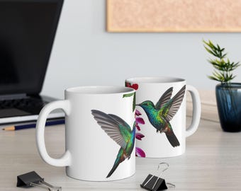 Taza de café de cerámica con ilustración floral de colibrí