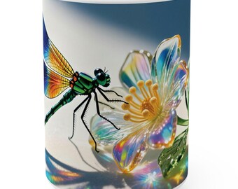 Taza con diseño de libélula iridiscente: Taza de café de cerámica con estampado floral, regalo ideal para amantes de la naturaleza.