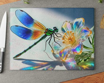 Tabla de cortar de cristal con diseño floral de libélula iridiscente / Obra de arte de insectos coloridos