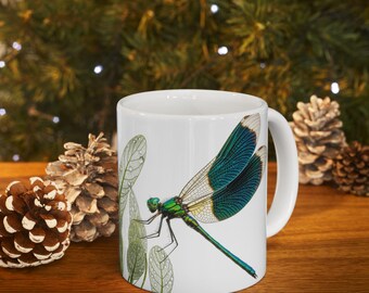 Taza con ilustración de libélula / Taza de cerámica con libélulas coloridas y gotas de agua