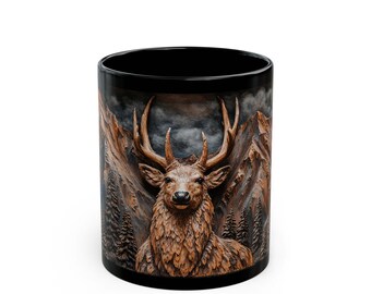 Taza de ciervo de montaña tallada en madera, taza de café rústica de cabaña