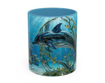 Taza con escena submarina de delfines / Ilustración de arrecife oceánico