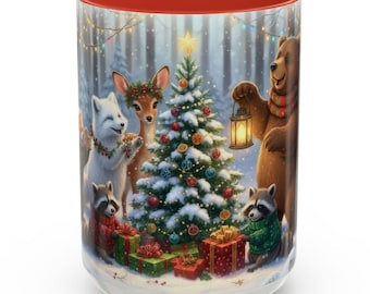 Taza de café con animales del bosque, decoración navideña