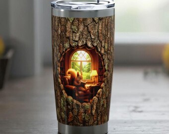 Vaso acogedor de ardilla leyendo en el árbol / 20 oz