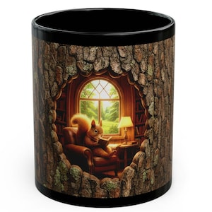May include: Black coffee mug with a wraparound design featuring a squirrel reading in a cozy library setting. The design includes a window, a lamp, and a bookshelf, all framed by a tree bark-like border.