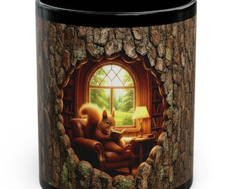 Taza de ardilla leyendo: Taza de café de cerámica con temática de cabaña acogedora