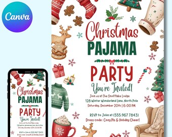 Christmas Pajama Party Invitation, Christmas Party Invitation, Pajama Invitation, Holiday Party Invite, Xmas Party, Canva Template