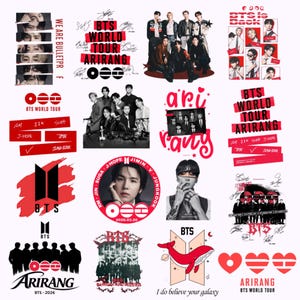 May include: A collection of BTS themed stickers featuring group photos, individual portraits, the BTS logo, and the text BTS World Tour Arirang. The designs include red and black color schemes, signatures, and various graphic elements like hearts and whales.