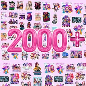 May include: A collection of stickers featuring K-Pop-themed illustrations and the text "KPOP DEMON HUNTERS". The stickers are arranged on a light pink background, with a large pink "2000+" graphic in the center. The stickers showcase various characters and designs.
