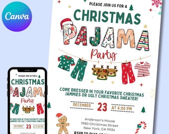 Christmas Pajama Party Invitation, Pajama Invitation, Christmas Party Invitation, Holiday Party Invite, Xmas Party, Editable Canva Template
