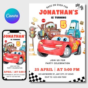 Lightning McQueen Birthday Invitation: Watercolor Cars Canva Template (5x7&quot; Digital Download)
