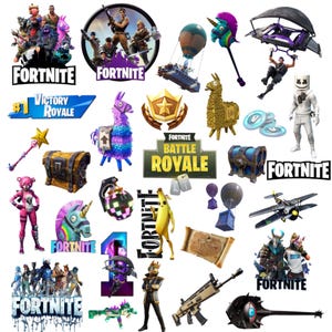 Puede incluir: Una colección de pegatinas y gráficos con temática de Fortnite. Incluye el logotipo de Fortnite, personajes, armas y elementos del juego como llamas, cofres y una pancarta de victoria. Se presentan varios colores y diseños.