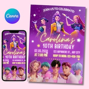 Pode incluir: Convite de aniversário roxo com personagens animados e o texto "10º Aniversário de Carolina". O convite inclui a data, hora e informações de RSVP. Um smartphone exibe o mesmo design.