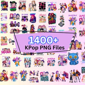 Peut inclure: Une collection de fichiers PNG KPop, présentant diverses illustrations colorées de groupes et de personnages KPop. L'image comprend le texte "1400+ KPop PNG Files".