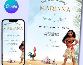 Moana Birthday Invitation , Kids Theme Party Invitation Template ,Digital Hawaiian Moana Birthday Invite , Instant Download