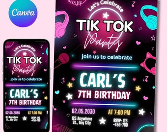 Szablon zaproszenia urodzinowego TikTok: Edytowalne zaproszenie na imprezę muzyczną (5x7, do pobrania cyfrowego)
