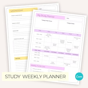 Könnte beinhalten: Zwei Studienplaner mit Wochenlayout. Der Planer auf der rechten Seite hat ein rosa-weißes Design mit einem Zeitplan für jeden Wochentag. Der Text "Study Weekly Planner" steht unten.