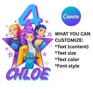 May include: A digital design with three cartoon women, a blue cat, and the name "CHLOE". The design includes the number 4, stars, and text that reads "WHAT YOU CAN CUSTOMIZE: *Text (content) *Text size *Text color *Font style". A Canva logo is also present.