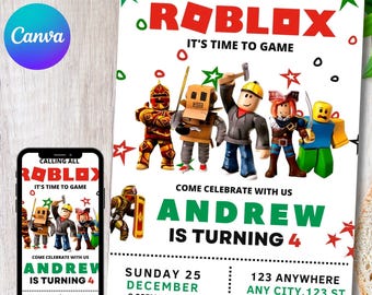 Roblox Invitation, Roblox Invite, Game Party, Roblox Birthday Invitation Template, Game Birthday, Kids Roblox, Editable Template, Canva