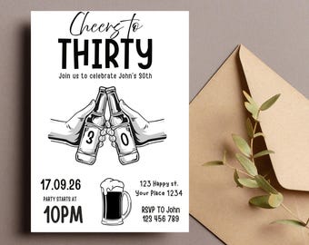 30th Birthday Invitation Template: Cheers to 30 Years (5x7 Canva Editable, Digital Download)