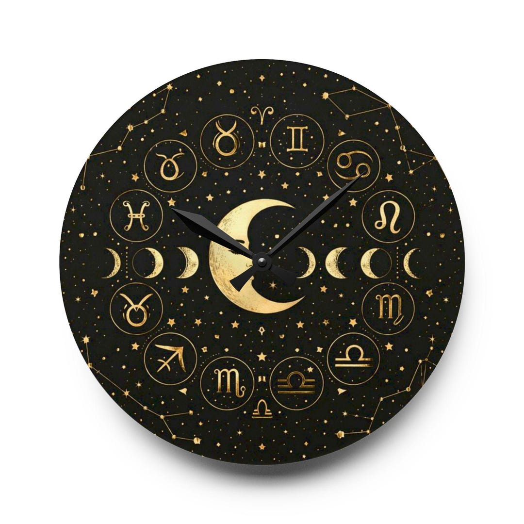 Celestial Moon Phases Zodiac Wall Clock | Acrylic Clock - Etsy