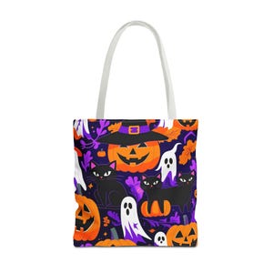 Halloween Tote Bag - Spooky Cat & Pumpkin AOP Design, Trick or Treat Bag, Gift for Cat Lovers, Fall Decor, Halloween Party