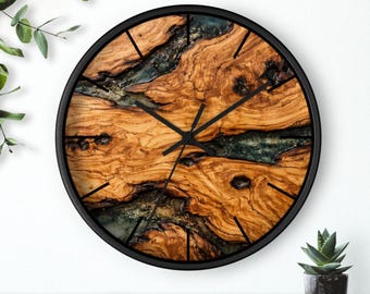 Reloj de pared de madera de olivo / Reloj con diseño de madera impresa, decoración rústica de granja, reloj silencioso, arte de pared moderno