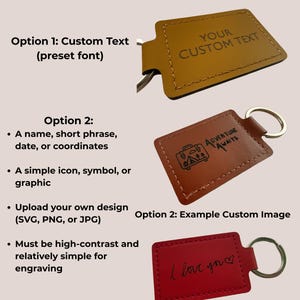 May include: Custom leather keyrings with personalised options. One keyring is tan with "YOUR CUSTOM TEXT". Another is brown with "ADVENTURE AWAITS" and a graphic. A red keyring has "I love you♡".